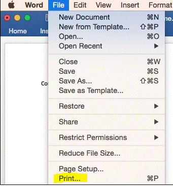 Mac menu with Print document selected