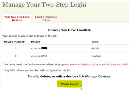 Web site dialog showing what types of devices a user has added for two-step authentication.