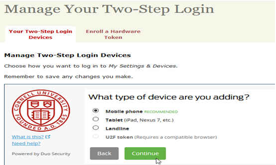 Web site dialog asking what type of device a user is adding for two-step authentication