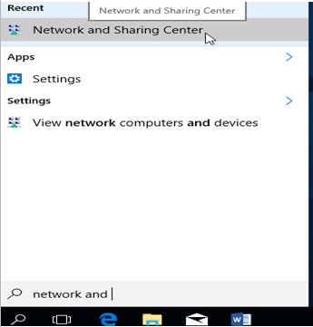 Windows dialog for network and sharing center