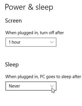 Windows dialog with controls for power and sleep