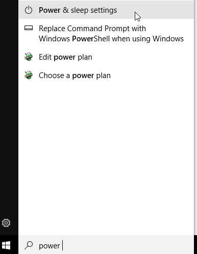 Start menu item for power and sleep settings