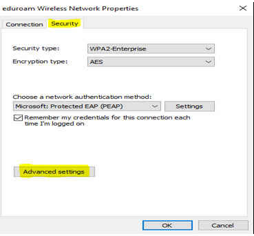 Windows dialog for Eduroam network connecction setting