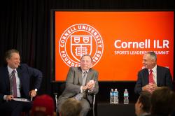 (Left to right) Jeremy Schaap '91, ESPN personality, Gary Bettman '74, NHL Commissioner, and Rob Manfred '80, MLB Commissioner, speak at ILR Sports Leadership Summit
