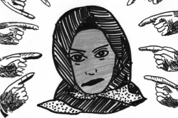 illustration of fingers pointing at woman wearing a hijab