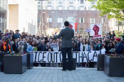 Mayor Svante Myrick speaks at rally for JosÃ© Guzman-Lopez, who was remanded to U.S. Marshalsâ€™ custody on Friday. Hundreds protested his arrest by ICE agents earlier this month in Ithaca. Protestors hold banner reading "ICE OUT OF ITHACA" [Cameron Pollack]
