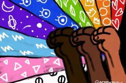 Three multiracial fists surrounded by the colors of the LGBTQIA+ movement