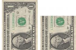Two dollwr bills: one complete and the other cut 77% of its length.