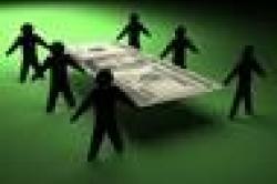 Illustration. Several silhouettes of men carrying a large dollar bill across a green floor
