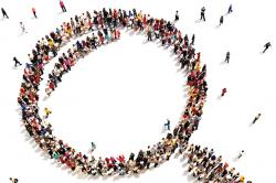 Illustration: Many people coming together and arranging themselves to form the shape of a magnifying glass as seen from above.