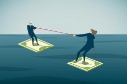 Illustration. A man and a woman in suits, each standing on half of a torn dollar bill floating on the water, engaged in a tug of war with a rope.