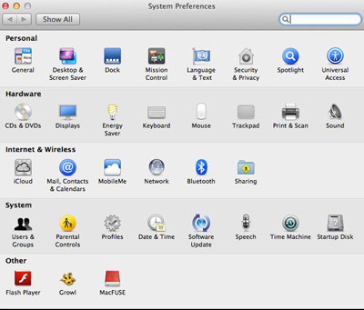 System Preferences dialog box System Preferences dialog box