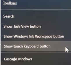 Windows toolbars menu showing how to choose to display touch keyboard button