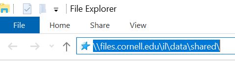 In Windows file explorer, FIle menu item is selected and file path reads \\files.cornell.edu\il\data\shared