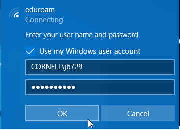 Windows connection login dialog for EduRoam