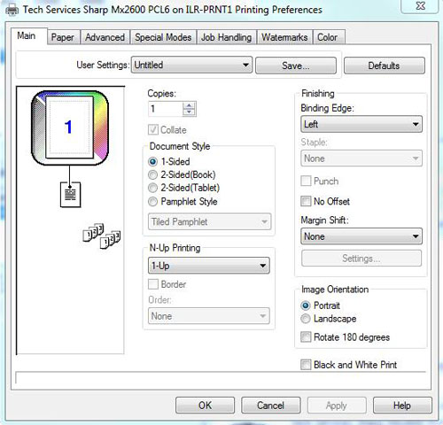 Printing preferences dialog box